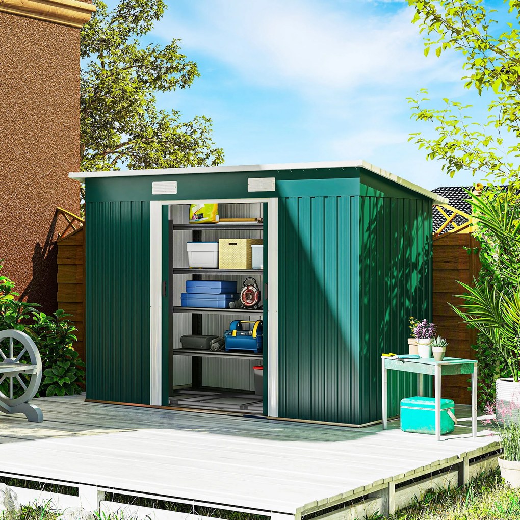 Outsunny Căsuță de Grădină 3,18m² din Oțel Zincat cu 2 Guri de Aerisire, Depozit pentru Unelte cu Uși Duble Culisante, Acoperiș Înclinat, 272x134x182 cm, Verde Întunecat | Aosom Romania
