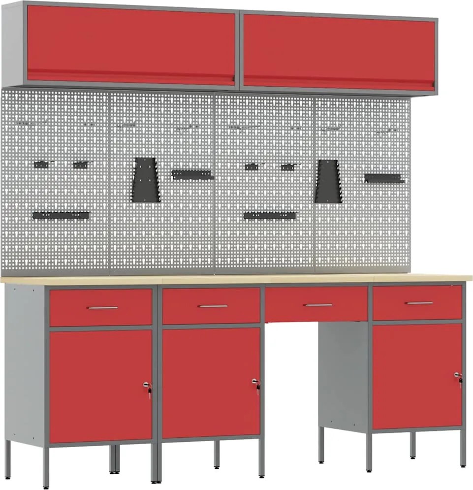 vidaXL Set de dulapuri de lucru cu sertar cu depozitare 10 pcs Roșu