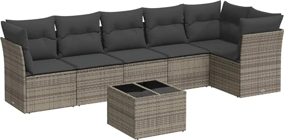 vidaXL Set canapele de grădină, 7 piese, cu perne, gri, poliratan