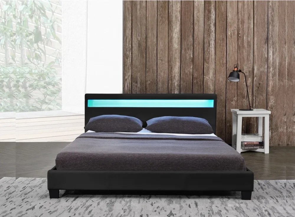 Pat tapitat piele PU, cu iluminare LED, telecomanda, cadru lemn, suport saltea inclus, 160x200, Negru