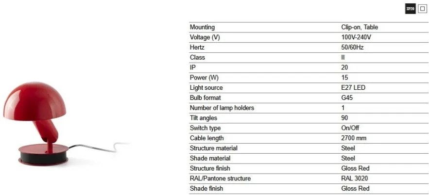 Veioza/Lampa de masa cu clips BELA rosie