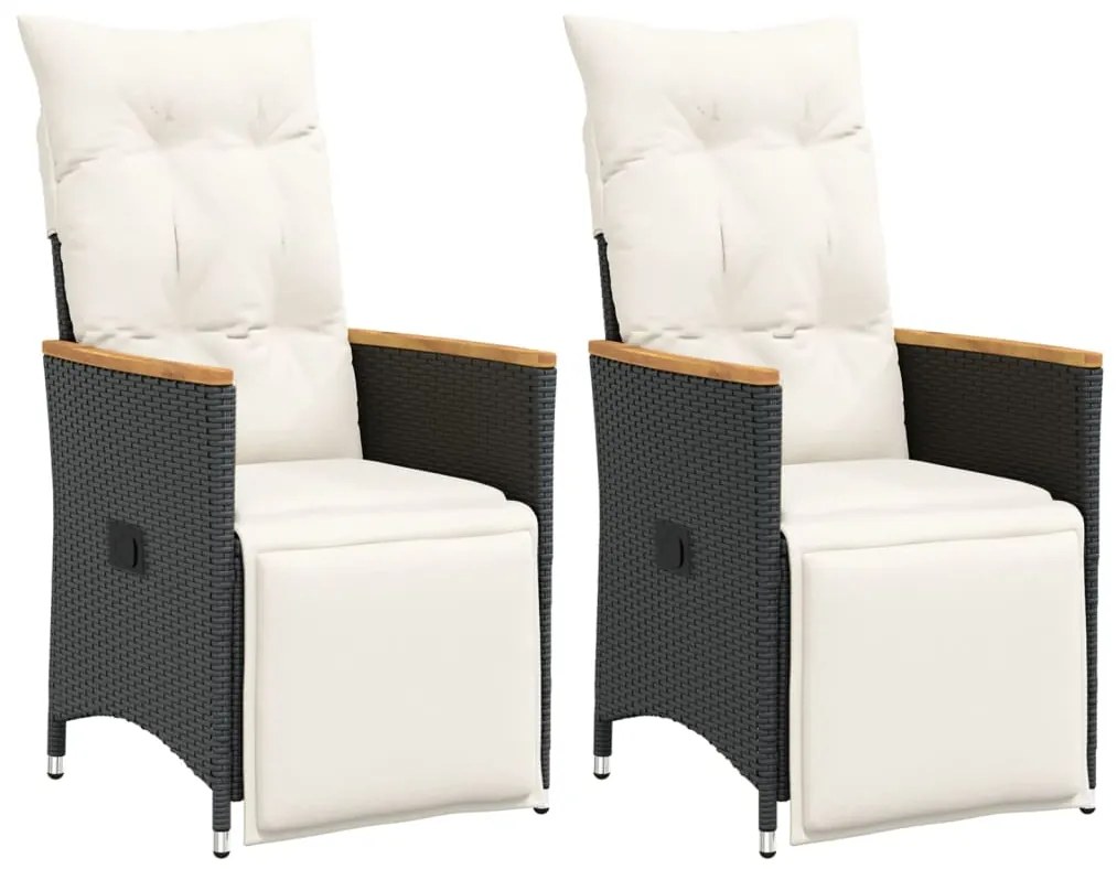 vidaXL Scaune de grădină rabatabile cu perne, 2 buc., negru, poliratan