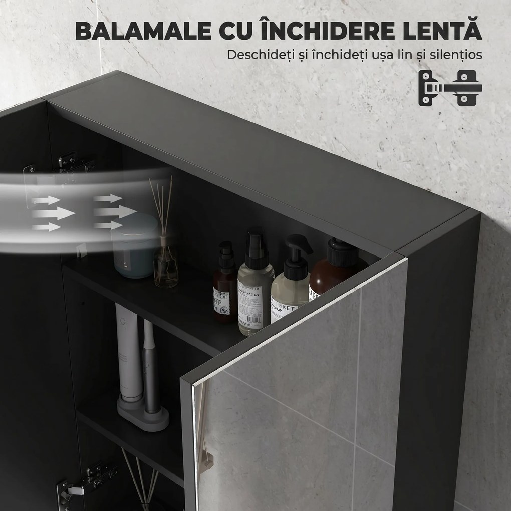 HOMCOM Dulap Suspendat de Baie cu 2 Uși cu Oglindă și 2 Rafturi Interne 60x15x75cm, Negru | Aosom Romania