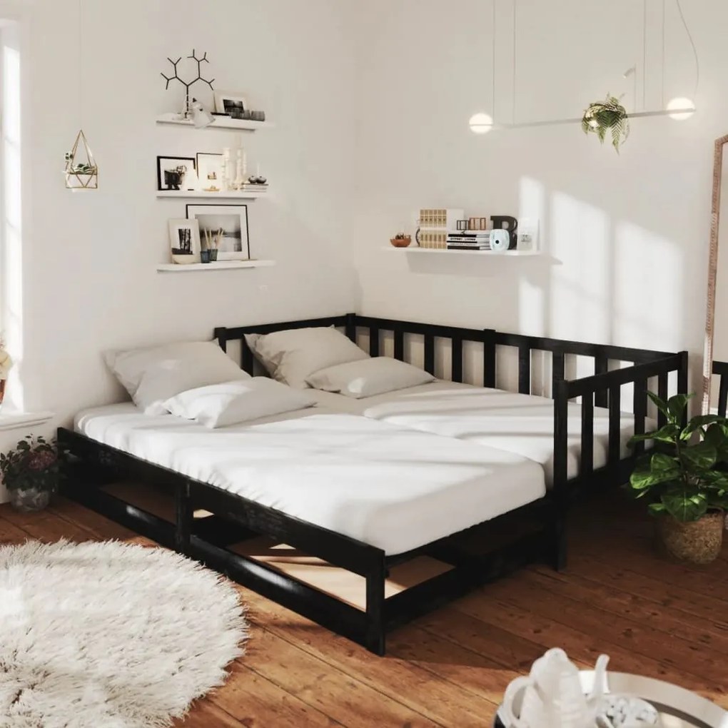 3083708 vidaXL Pat extensibil de zi, 2x(90x200) cm, negru, lemn masiv de pin