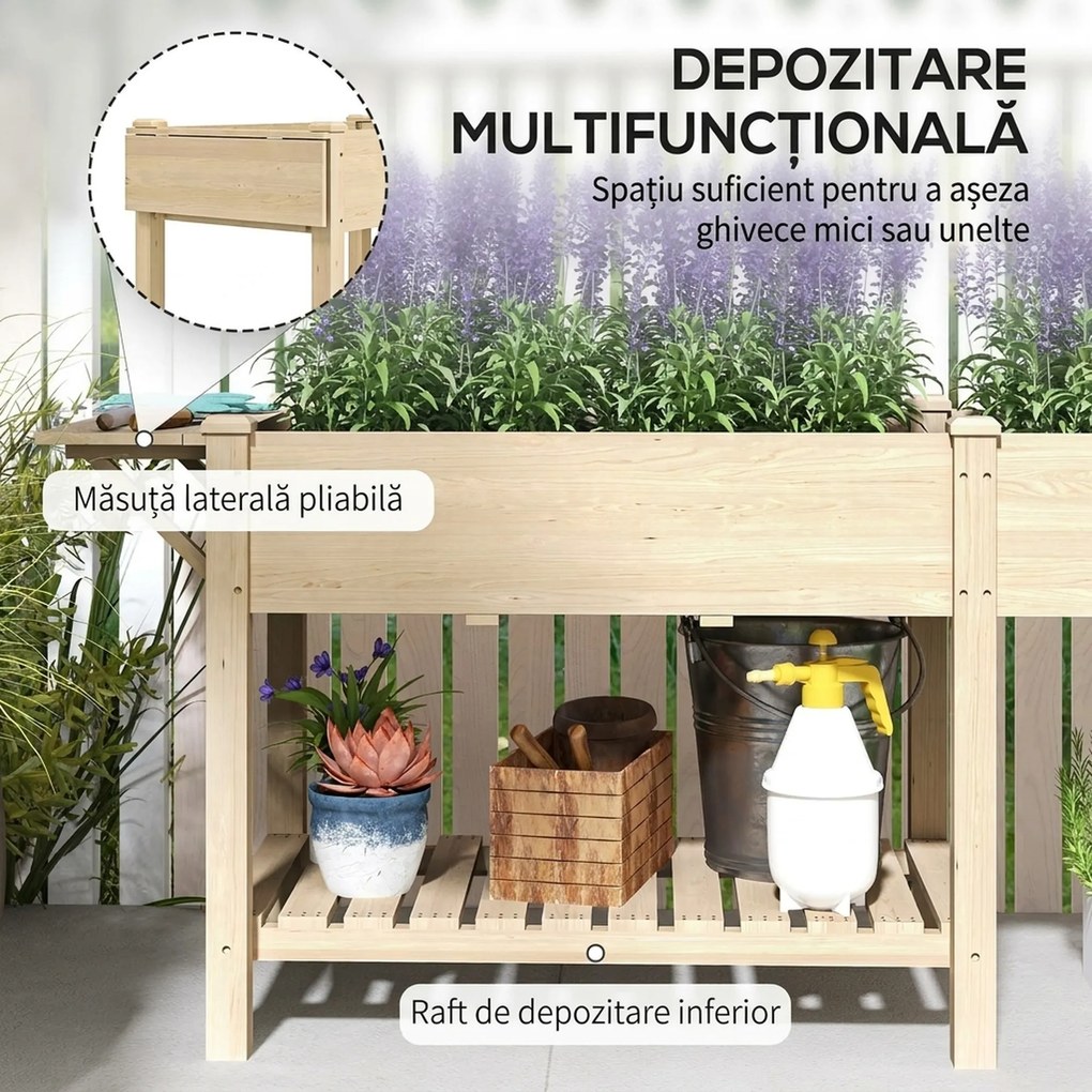 Outsunny Strat Înălțat de Grădină cu Masă Laterală, Raft Inferior și Orificii de Drenaj, 207x59x78 cm, Lemn Natural | Aosom Romania