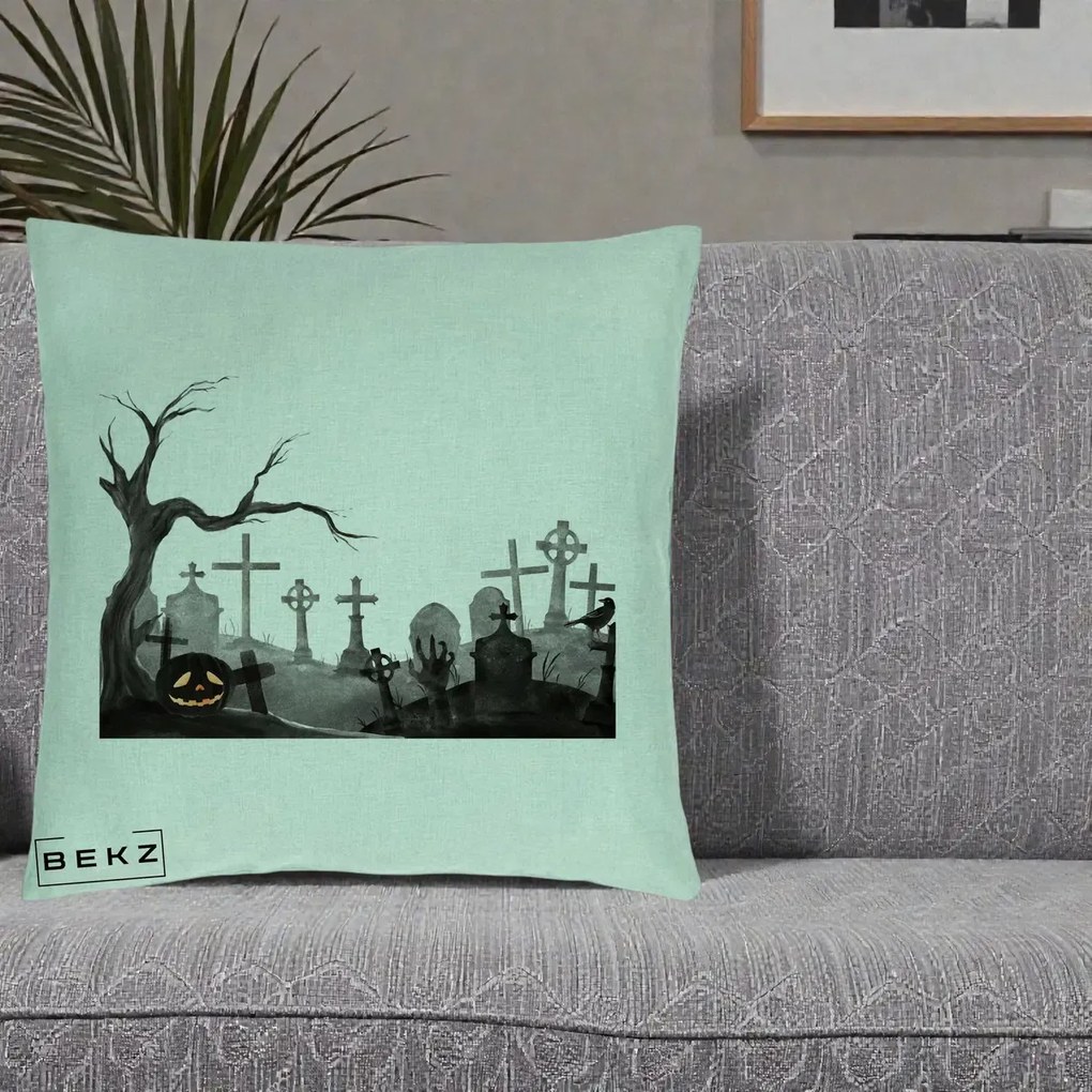 Perna Decorativa Halloween Cimitir Acuarela cu Dovleac, 40x40 cm, Verde Menta, Husa Detasabila, Perna Inclusa, BEKZ®