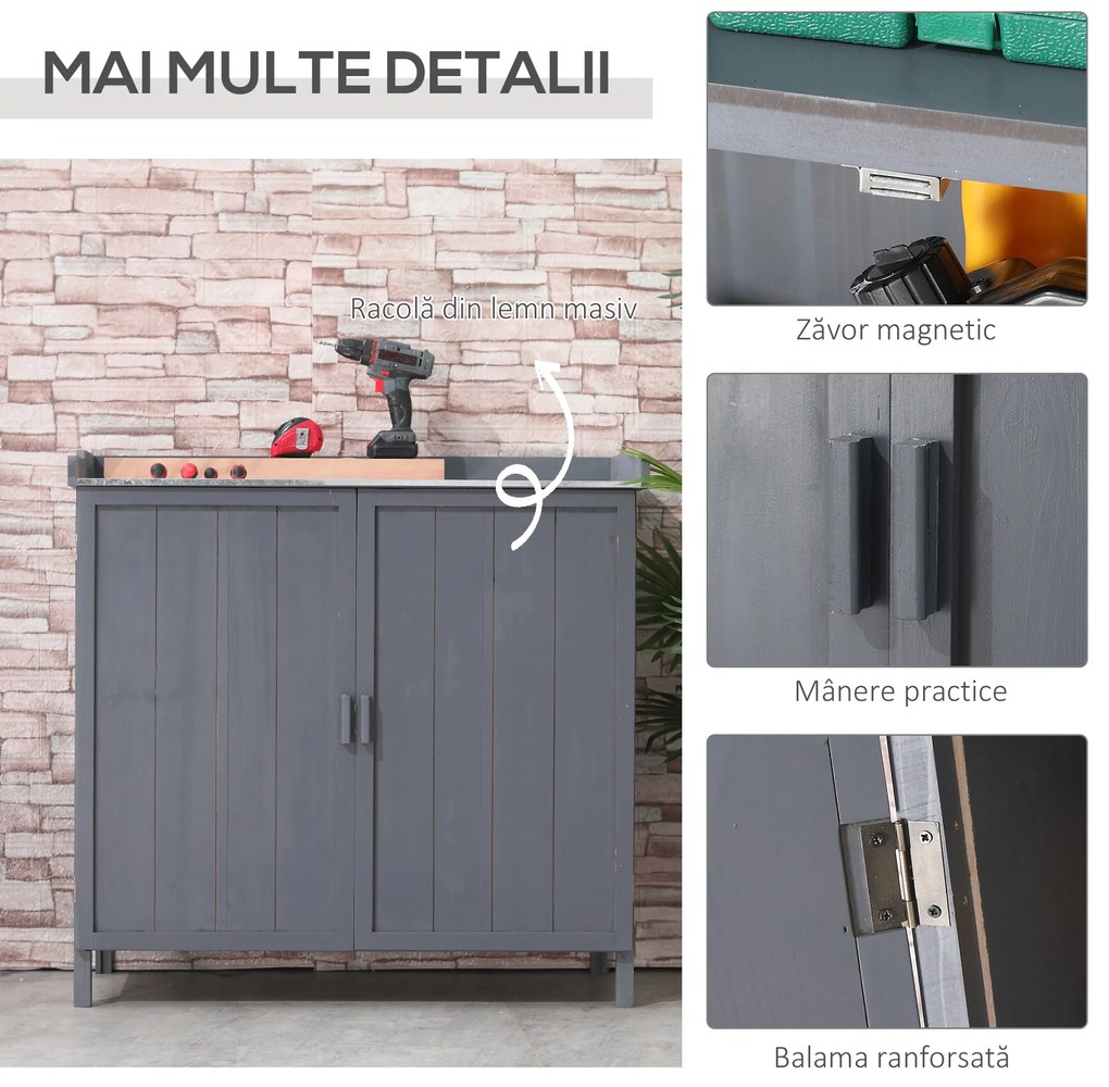 Outsunny Dulap pentru Exterior din Lemn de Brad cu Blat de Lucru din Metal Zincat si 2 Rafturi pentru Scule, 98x48x95.5 cm, Gri | Aosom Romania