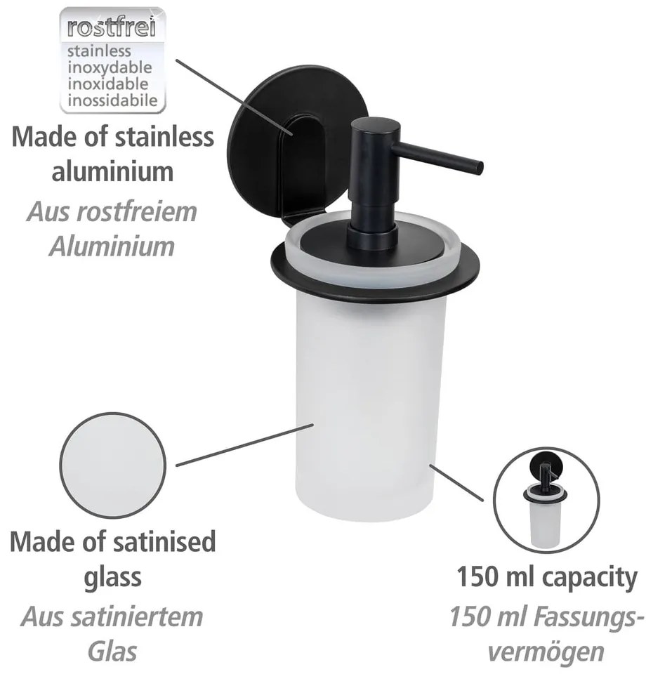 Dozator de săpun lichid negru mat autoadeziv din sticlă 150 ml Bivio – Wenko