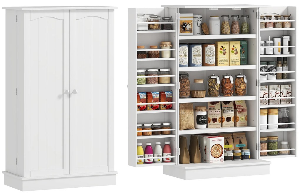 HOMCOM Dulap bucătărie garde-manger cu 2 uși, 5 rafturi și 12 recipiente pentru condimente - 60 x 30 x 104 cm - alb | Aosom Romania
