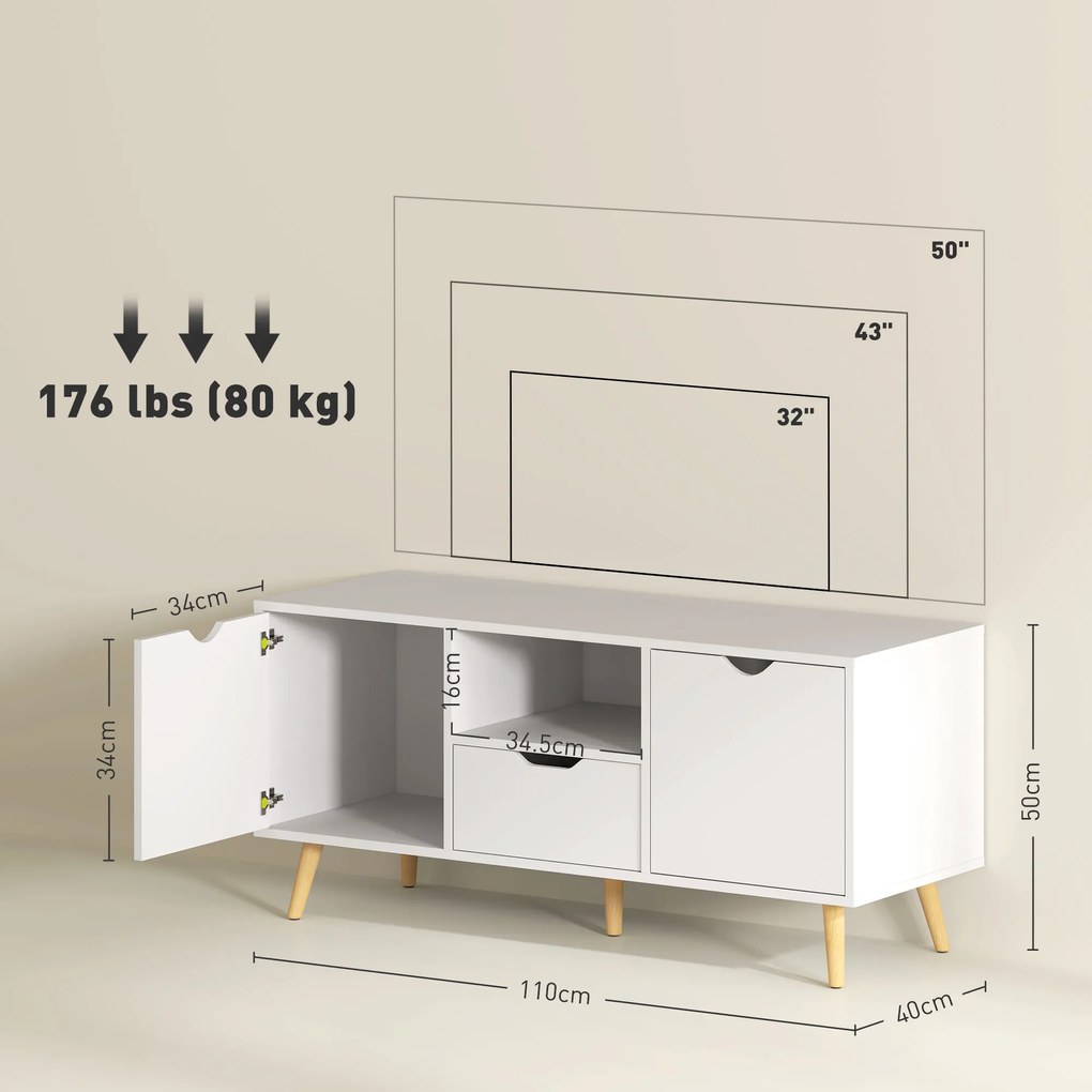 HOMCOM Mobilier TV de 50" cu Sertar, Raft Deschis și 2 Dulapuri, Mobilier TV cu 5 Picioare din Lemn, 110x40x50 cm, Alb | Aosom Romania