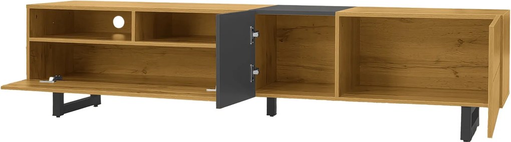 Comodă TV cu 3 uși și 2 compartimente, picioare metalice tip U, 170x36,5x42 cm, Culoare naturală