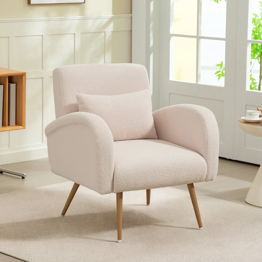 HOMCOM Fotoliu pentru Sufragerie Captusit, Fotoliu de Cameră în Material Teddy cu Pernă Lombardă, Fotoliu de Lectură cu Picioare cu Efect de Lemn din Metal pentru Sufragerie și Birou, 77x77x83 cm, Bej | Aosom Romania