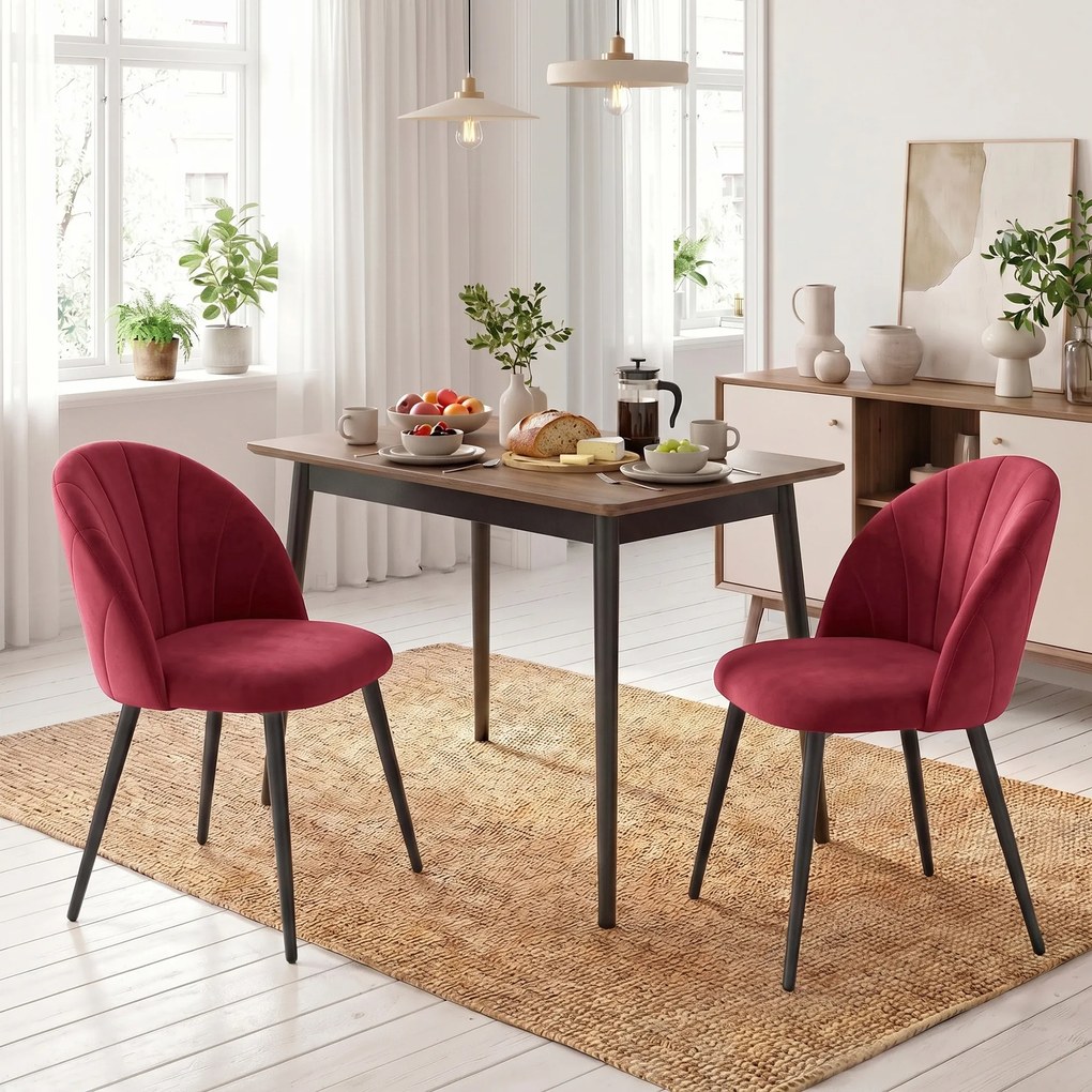 HOMCOM Set de 2 Scaune de Sufragerie din Catifea cu Spătar Tip Scoică, Culoare Roșu Vin, | Aosom Romania