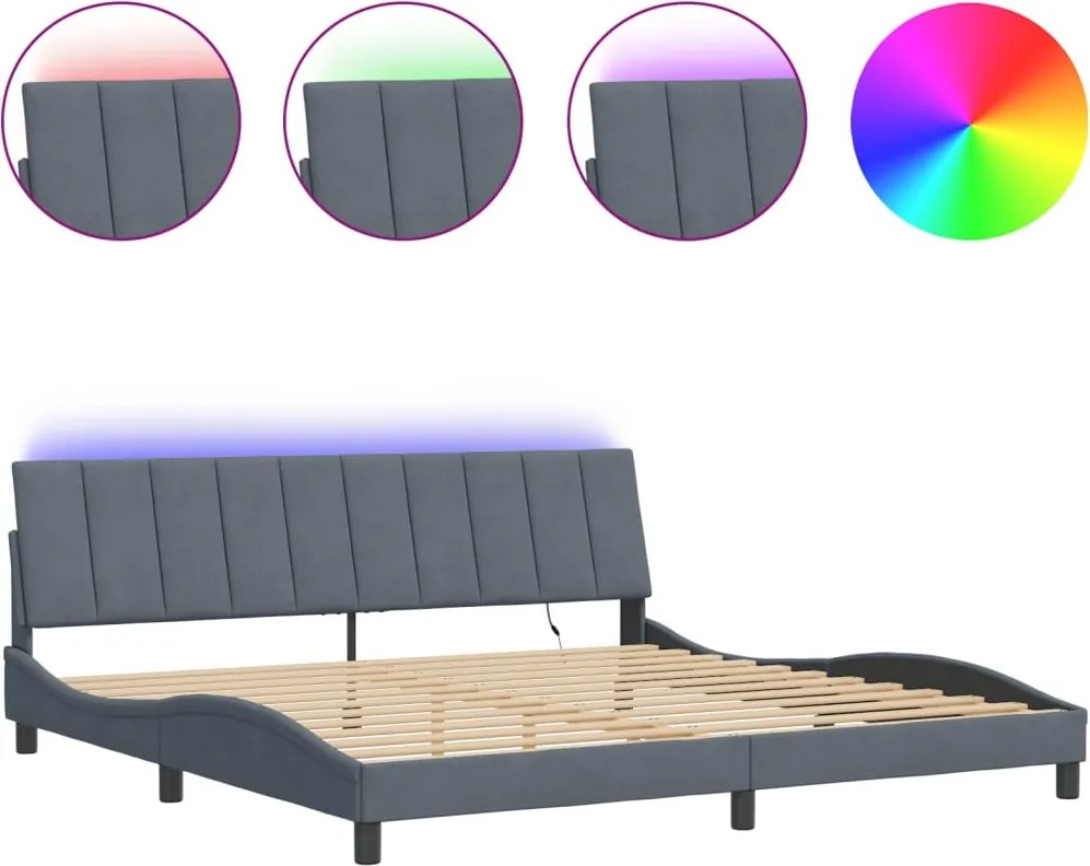 vidaXL Cadru de pat cu LED fără saltea, Hanko, gri închis, 200x200 cm, catifea