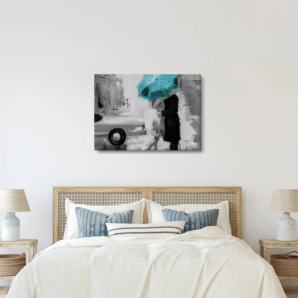 Tablou - Cuplu în dragoste cu umbrelă, albastru (70x50 cm)