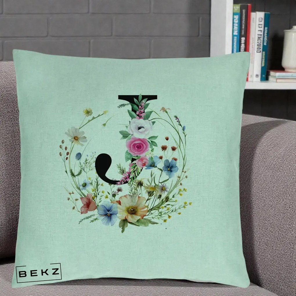 Cadou Personalizat - Perna Personalizata Monogram Litera J cu Flori Acuarela, 40x40 cm, Verde Menta, Husa Detasabila, Perna Inclusa, BEKZ®