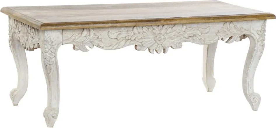 Măsuță de cafea din lemn de mango sculptat manual, natur și alb, motive florale, finisaj patinat, 49 x 120 x 61 cm, „Floralis” – Ethnic Collections