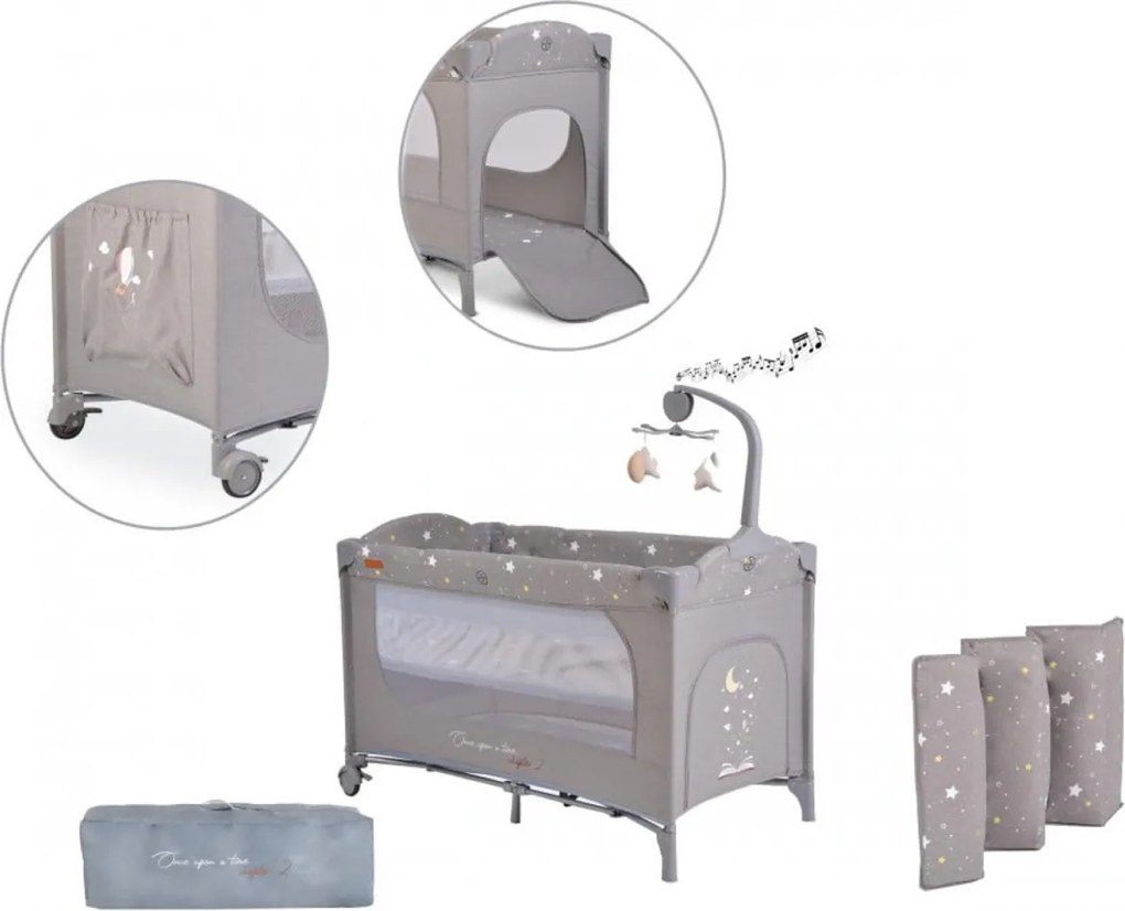 Patut pliant transformabil in tarc copii NOVOKIDS™ Onceuponatime NEST, 62X125 cm, 2 Niveluri, Jucarie Carusel muzical, Fermoar acces lateral, Gri