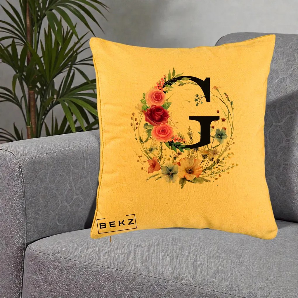 Cadou Personalizat - Perna Personalizata Monogram Litera G cu Flori Acuarela, 40x40 cm, Galben, Husa Detasabila, Perna Inclusa, BEKZ®