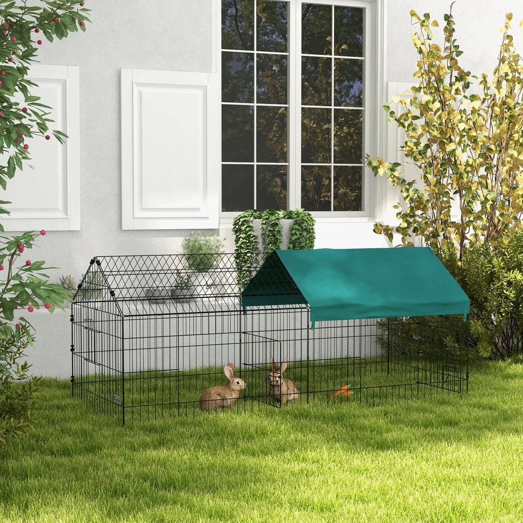 PawHut Cușcă pentru Iepuri și Găini de Exterior și Interior cu Protecție Solară și Grilaj Metalic, Coteț Recint pentru Animale Mici, Găini, 185x75x75 cm, Verde | Aosom Romania