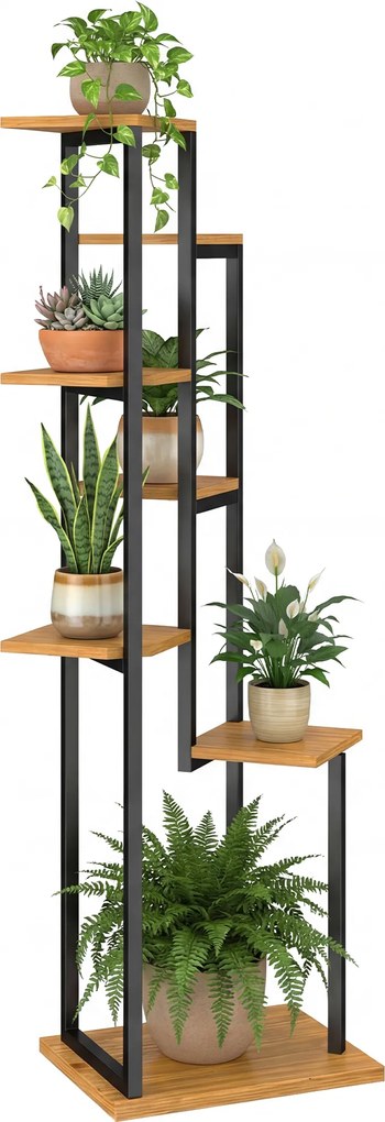 Outsunny Suport de plante cu 7 niveluri, 130 cm înălțime, suport de flori în trepte din lemn, pe mai multe niveluri, maro deschis | Aosom Romania