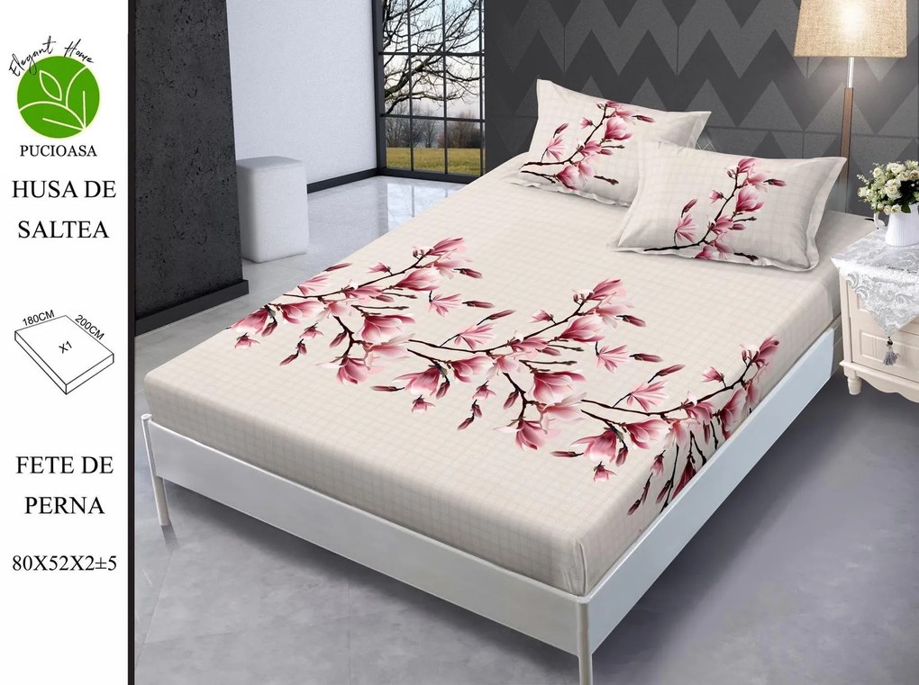 Husa de pat cu elastic 180x200 din Bumbac Finet + 2 Fete de Perna - Crem Cu Magnolii