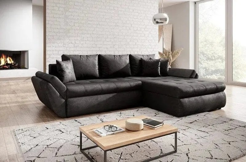 Colțar extensibil dumonde cu ladă de depozitare si sezut confortabil din spuma high-density, Loana Madagaskar Black II 270x185 cm