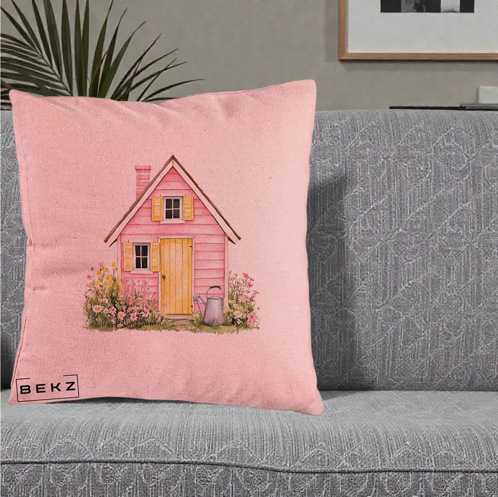 Perna Decorativa Casuta Roz Acuarela cu Gradina, 40x40 cm, Roz, Husa Detasabila, Perna Inclusa, BEKZ®