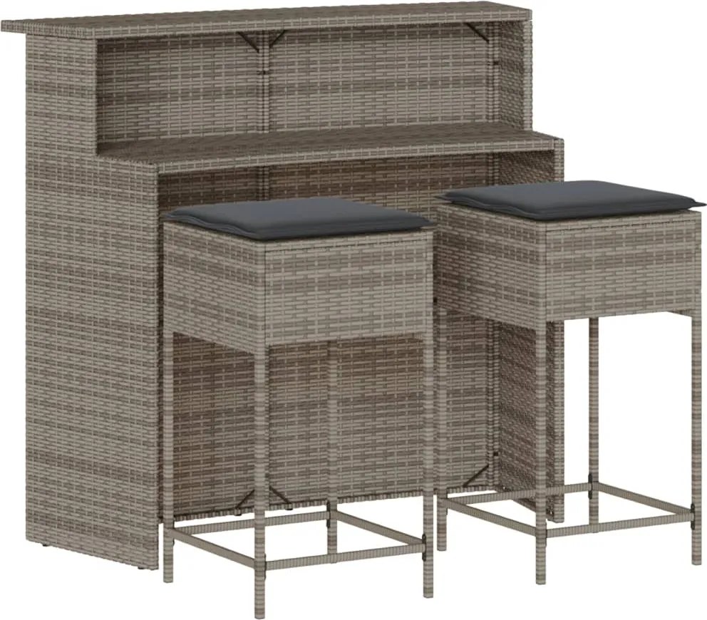 vidaXL Set mobilier bar de grădină, cu perne, 3 piese, gri, poliratan