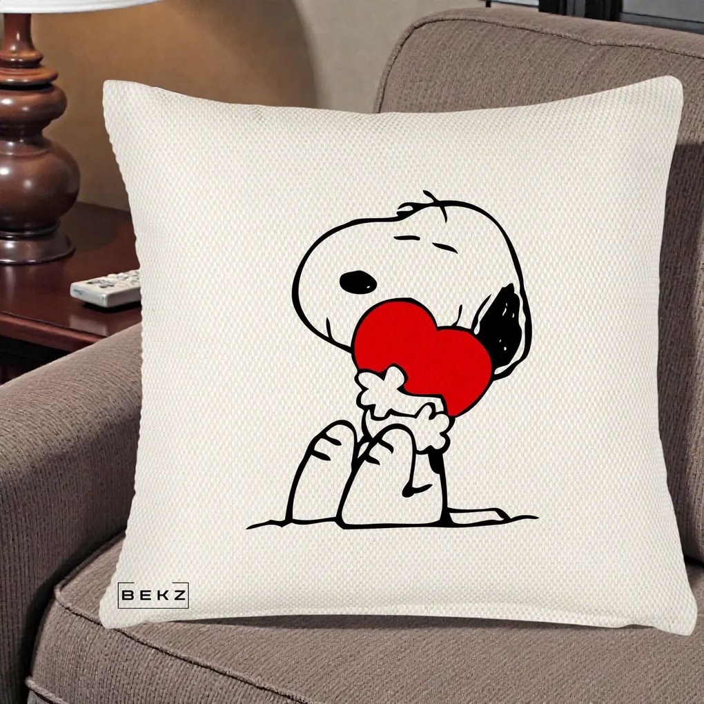 Perna Personalizata Snoopy cu Inima, 40x40 cm, Crem Reliefat, Husa Detasabila, Perna Inclusa, BEKZ®