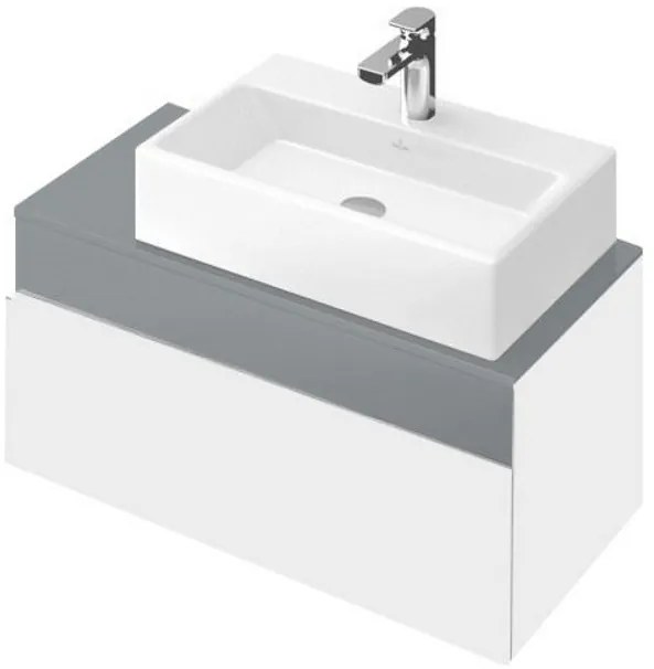 Dulap baza suspendat cu blat sticla, Memento Villeroy&amp;Boch, lavoar dreapta, 80.6x46x37cm, alb/gri, C779R0MT