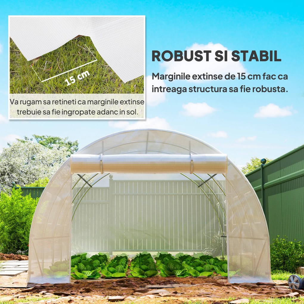 Outsunny Sera din PE cu 8 Ferestre, Ușă Enrolabilă și Margini Îngropate, 4x3x2 m, Albă | Aosom Romania