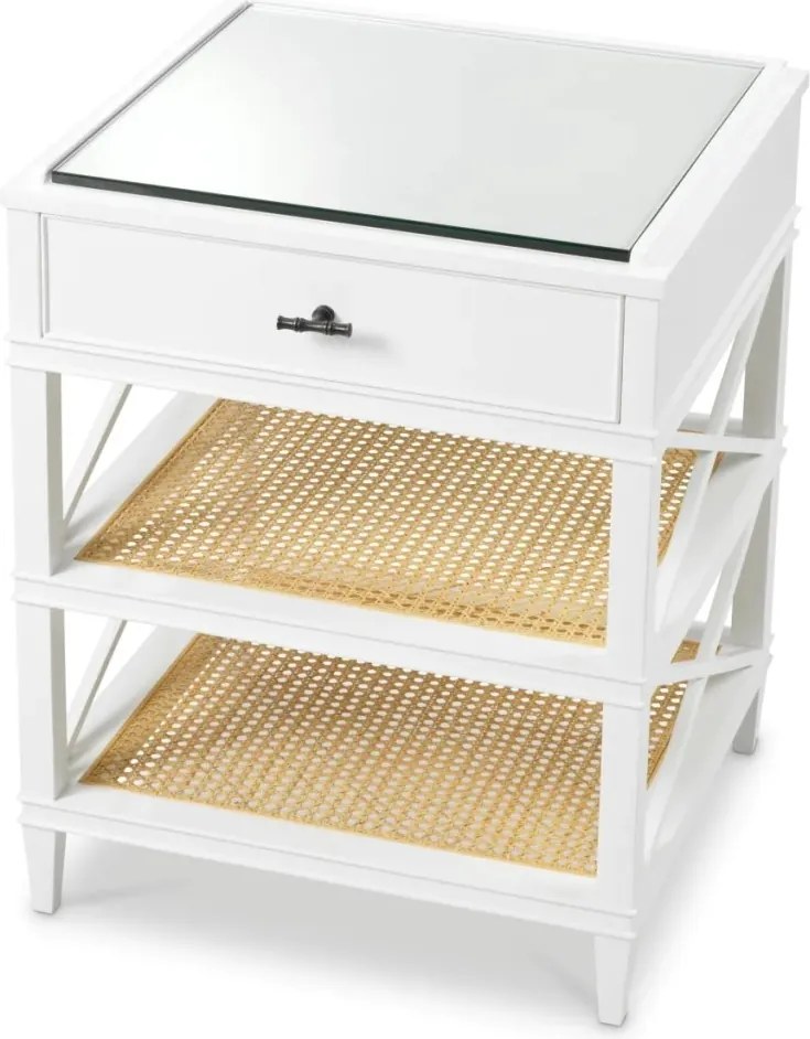 Noptiera, Masuta Laterala LUX, Lemn, Rattan, Bahamas alb