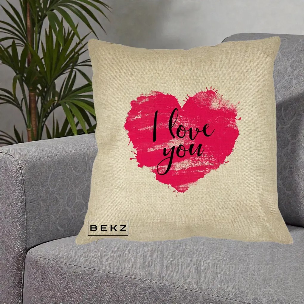 Cadou Romantic - Perna Personalizata I Love You Inima Roz, 40x40 cm, Crem, Husa Detasabila, Perna Inclusa, BEKZ®