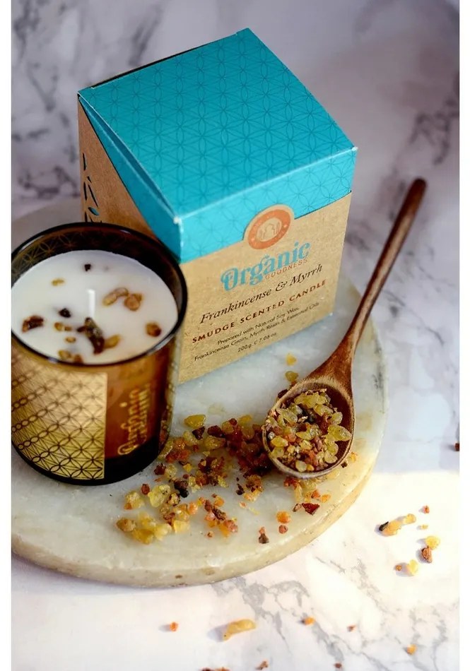 Lumânare aromată organică Frankincense & Myrrh200 g în sticlă cu folie aurie