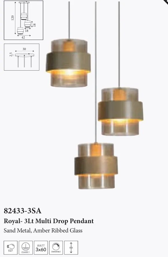 Lustra cu 3 pendule stil scandinav Royal chihlimbar