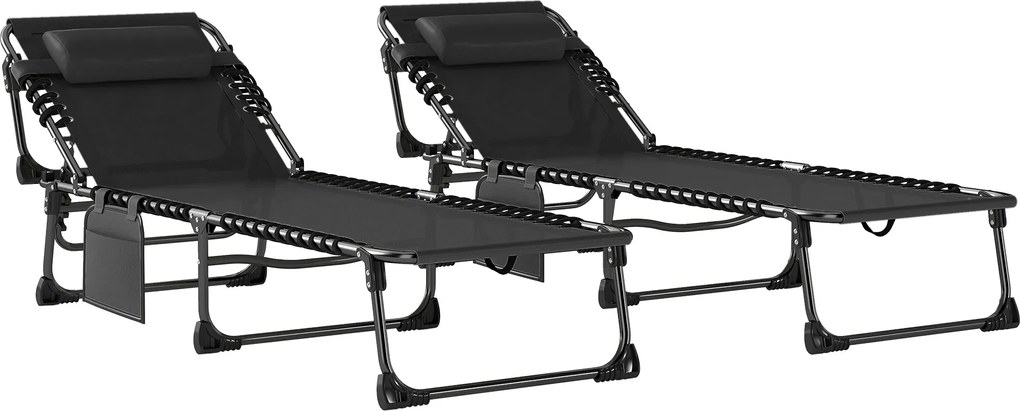 Outsunny Set de 2 Șezlonguri de Grădină Pliabile, Reglabile pe 5 Niveluri, cu Perne, Șezlonguri Textilenă cu Buzunar Lateral, Mâner, pentru Plajă, Piscină, 57x200x38 cm, Negru | Aosom Romania