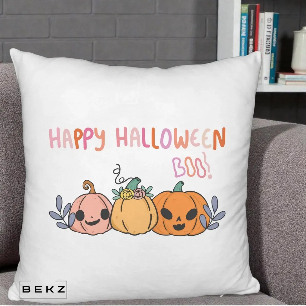 Perna Decorativa Happy Halloween Boo Trei Dovlecei Kawaii, 40x40 cm, Alb Pufos, Husa Detasabila, Perna Inclusa, BEKZ®