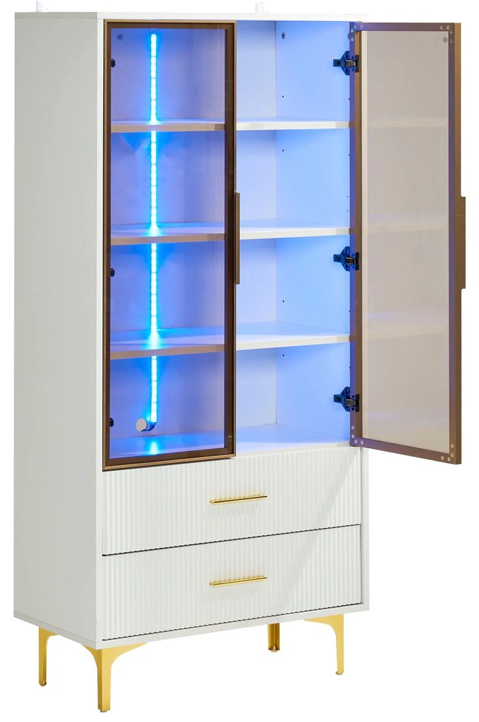 Vitrină Elegantă din Sticlă, cu Picioare Aurii și Rafturi Reglabile, Iluminare LED Multicoloră, potrivită pentru living, birou, 70x35x150 cm, Albă