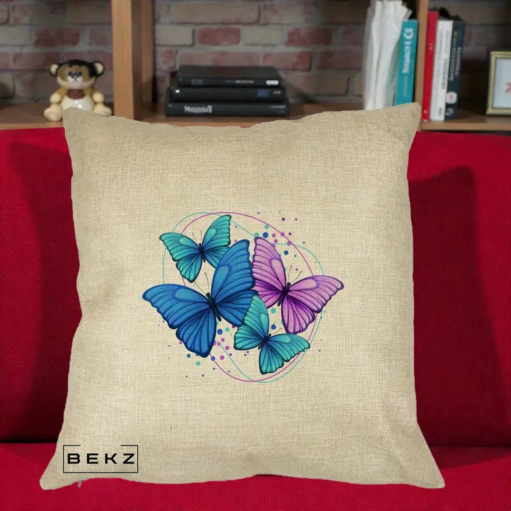 Perna Decorativa Patru Fluturi Turcoaz-Violet, 40x40 cm, Crem, Husa Detasabila, Perna Inclusa, BEKZ®