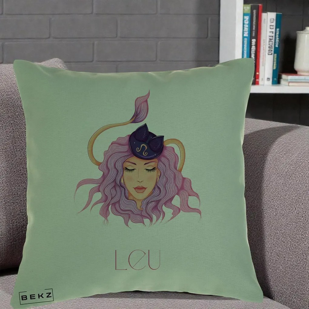Perna Personalizata Zodie Leu, 40x40 cm, Verde, Husa Detasabila, Perna Inclusa, BEKZ®