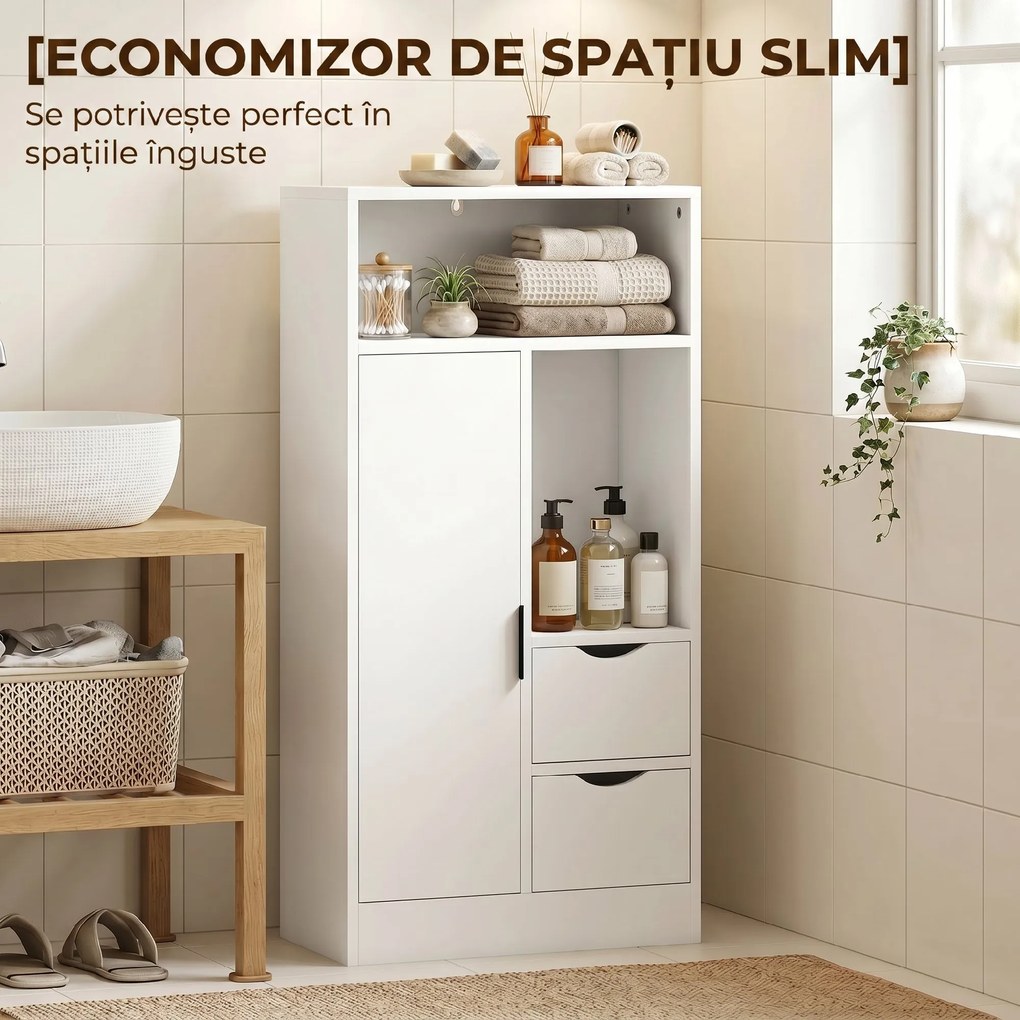 HOMCOM Dulap Baie Îngust cu 2 Sertare și Rafturi Reglabile pentru Bucătărie, Living, Hol, Alb | Aosom Romania