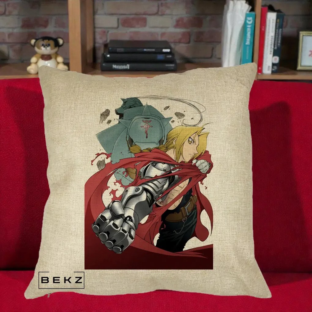 Perna Personalizata Fullmetal Alchemist Brotherhood Edward si Al Poster, 40x40 cm, Crem, Husa Detasabila, Perna Inclusa, BEKZ®