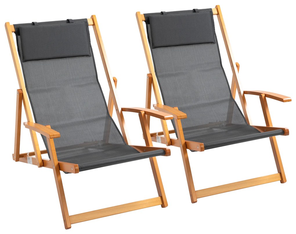 Outsunny Set de 2 Sezlonguri de Gradina Pliabile cu Spatar Reglabil pe 3 Niveluri, Sezlong pentru Plaja din Lemn si Tesatura Plasa, Gri