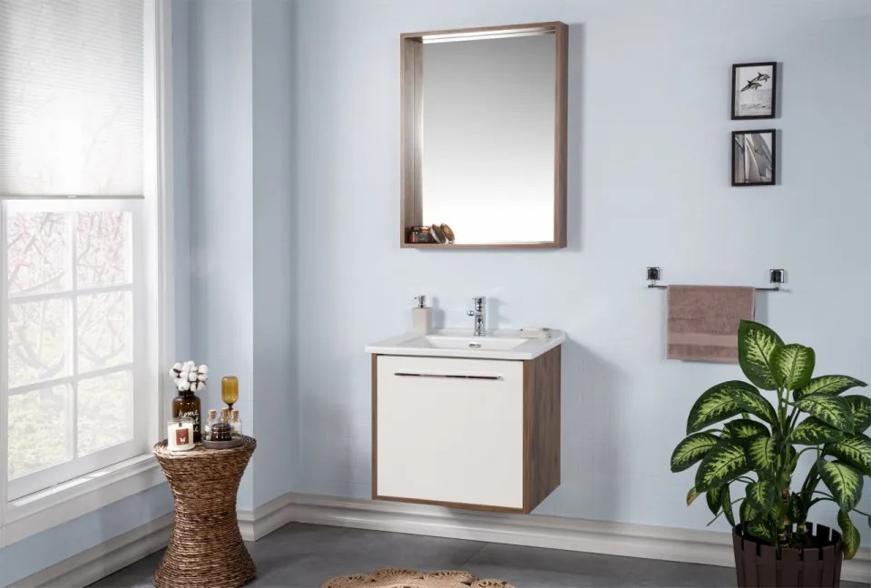 Set Mobilier Baie Sahra 65, Include Baza Lavoar, Lavoar și Oglinda, 65 cm, Crem