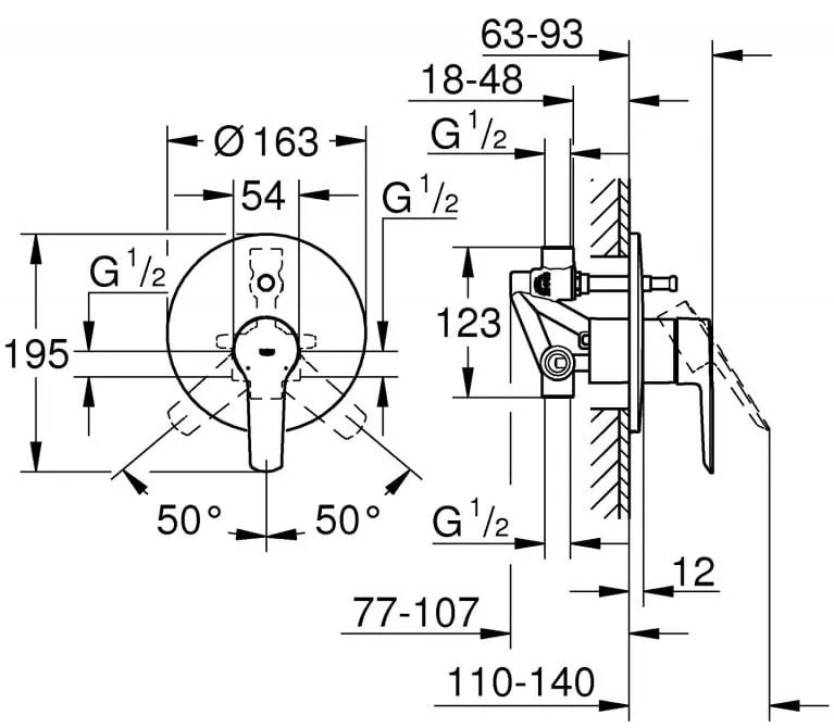 Baterie dus, Grohe Start, incastrat, 2 iesiri, diverter, monocomanda-23558002