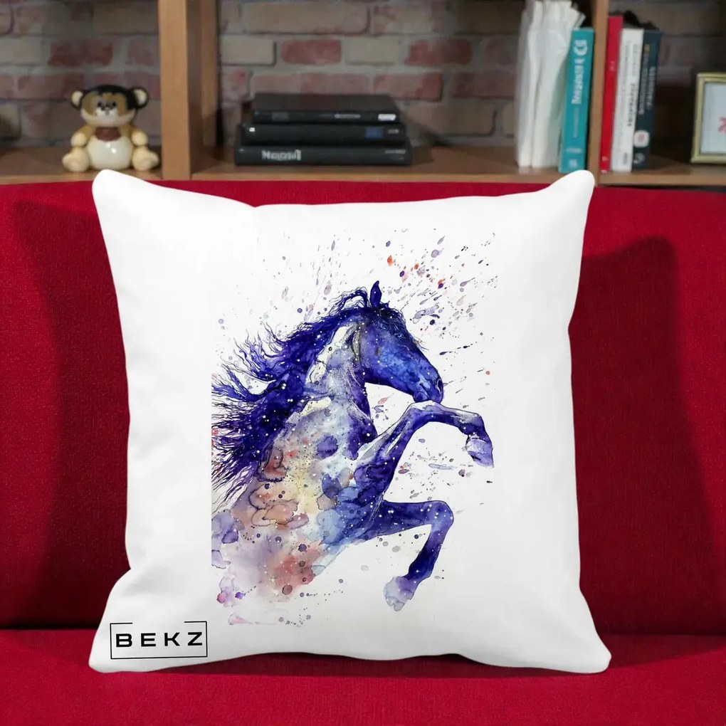 Perna Decorativa Cal Albastru Acuarela, 40x40 cm, Alba Mata, Husa Detasabila, Perna Inclusa, BEKZ®