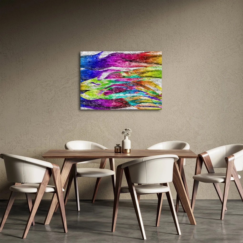 Tablou - Zid de cărămidă cu flăcări colorate (70x50 cm)