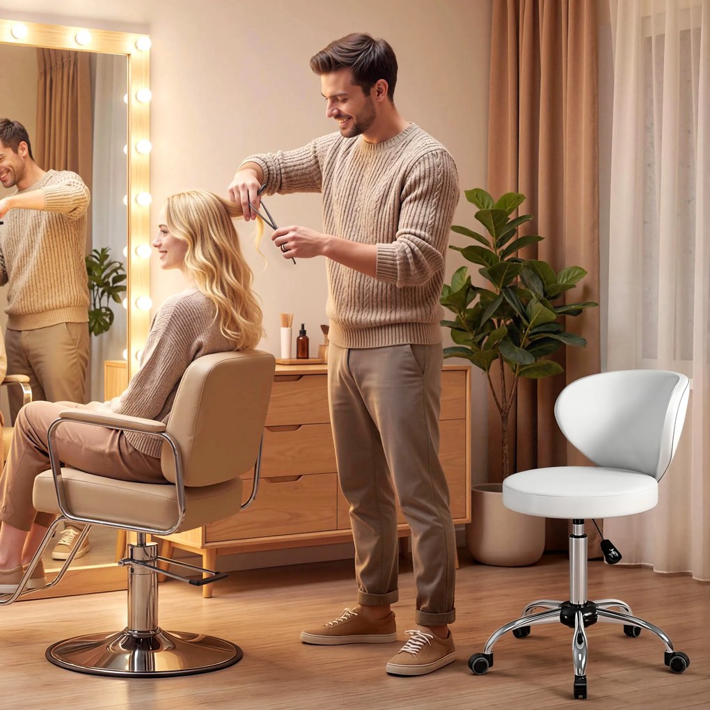 HOMCOM Taburet cu roți, taburet de masaj din PU cu înălțime reglabilă 73-88 cm și spătar, pivotant 360°, alb | Aosom Romania