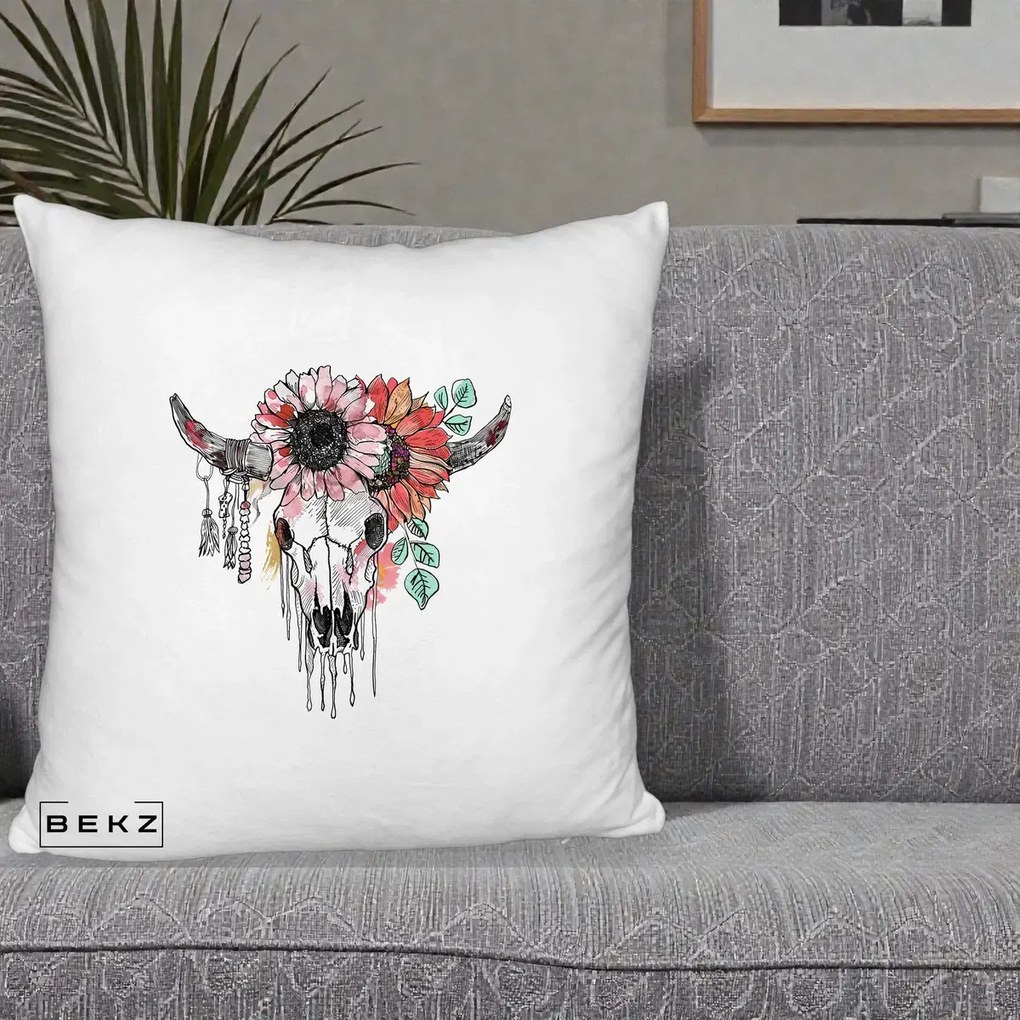 Perna Decorativa Craniu Boho Floral, 40x40 cm, Alb Pufos, Husa Detasabila, Perna Inclusa, BEKZ®